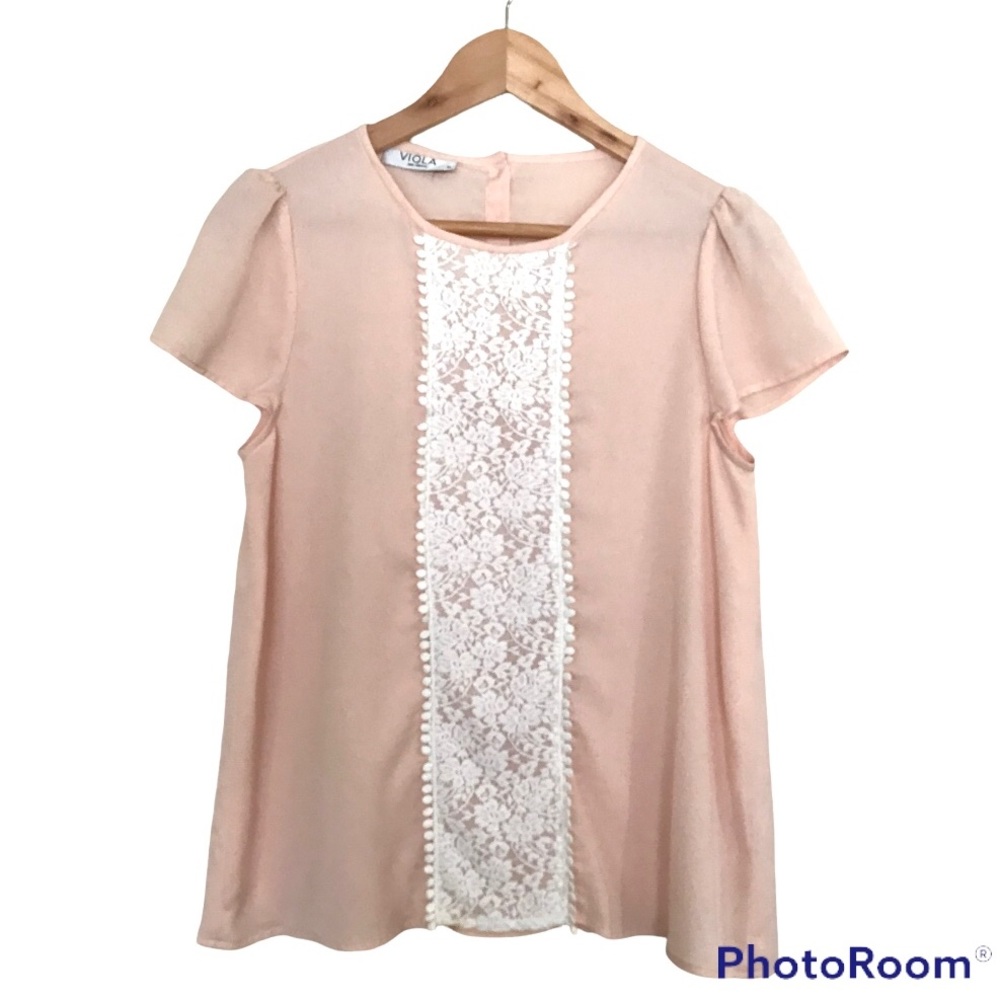 Viola Light Peach Cap Sleeve Blouse | Lace Crochet Front Accent